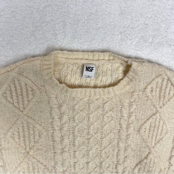 NSF Annabelle Boyfriend Distressed Cable Knit Sweater Chunky Cream Wool Medium - Picture 2 of 7